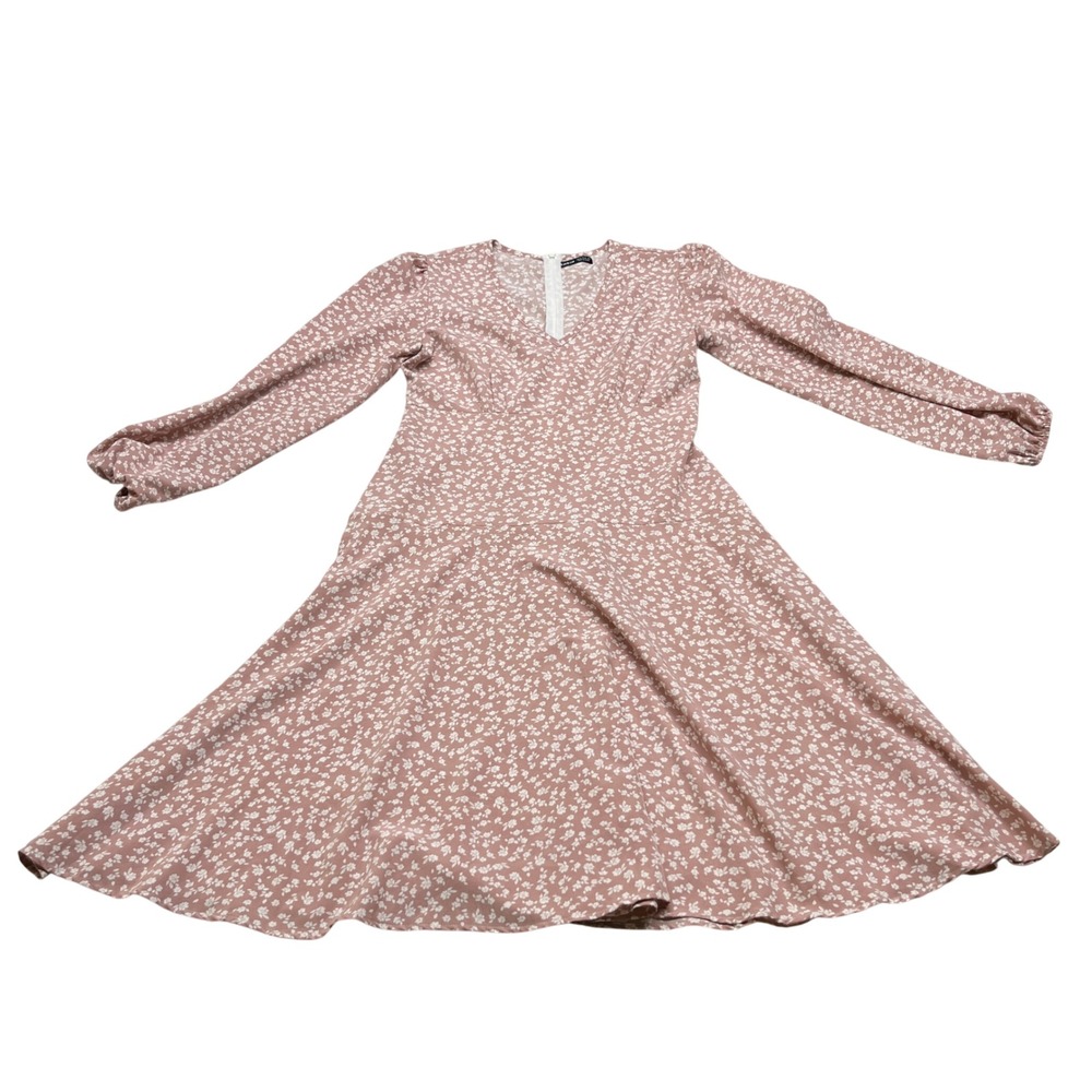 Womens Floral Fit And‎ Flare Dress M Dusty Pink V Neck Cottagecore Boho Feminine